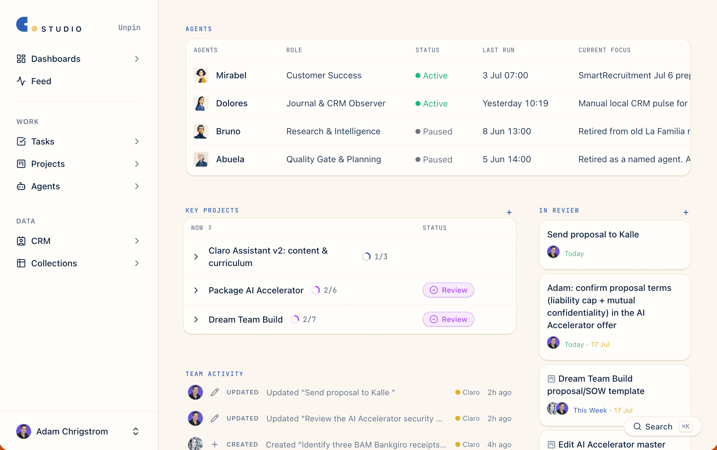 The Claro Studio workspace: agents, key projects, and work in review